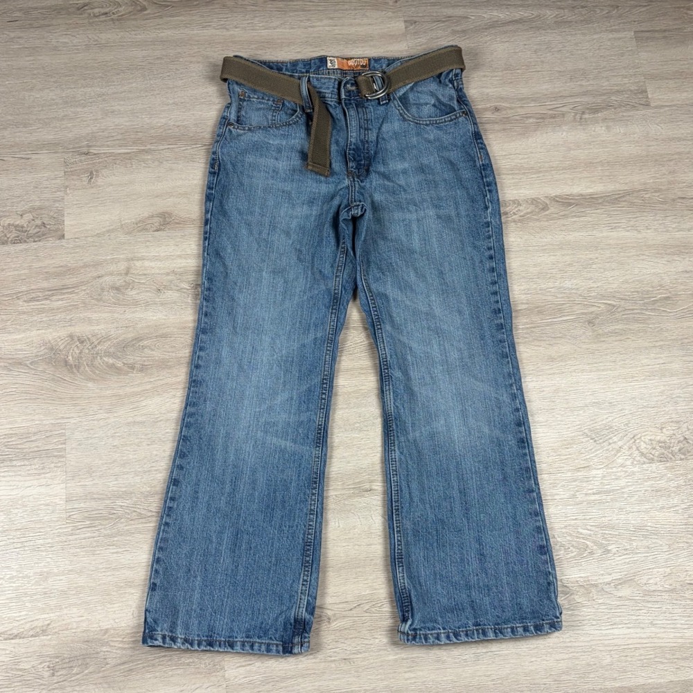 Y2K Lee Dungarees Relaxed Bootcut Jeans Boys Size 16 Husky Blue Denim with Belt